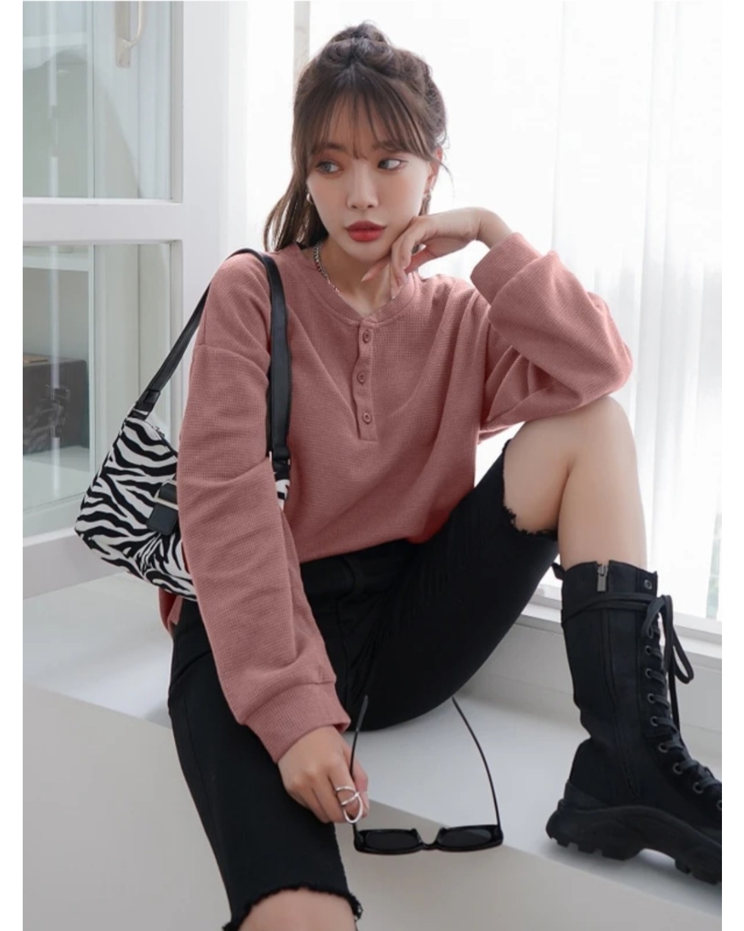 Women’s Oversized Waffle Knit Henley Top – Casual Full Sleeve Loose Fit T-Shirt(Pack of 1)