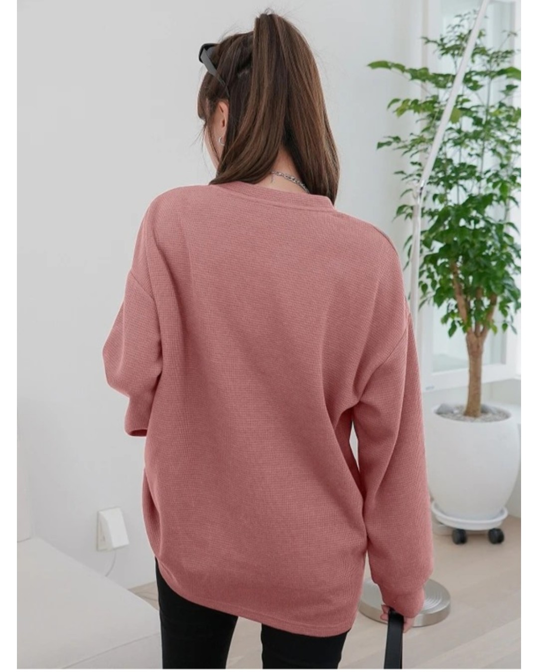 Women’s Oversized Waffle Knit Henley Top – Casual Full Sleeve Loose Fit T-Shirt(Pack of 1)