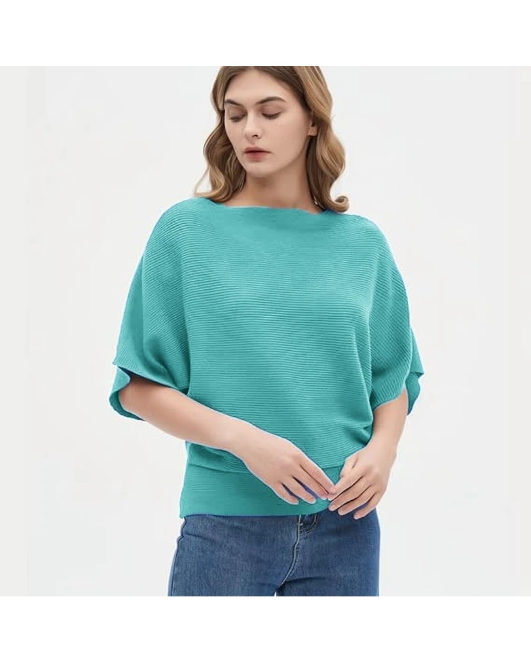 Women’s Teal Ribbed Knit Batwing Sleeve Top(Pack of 1)