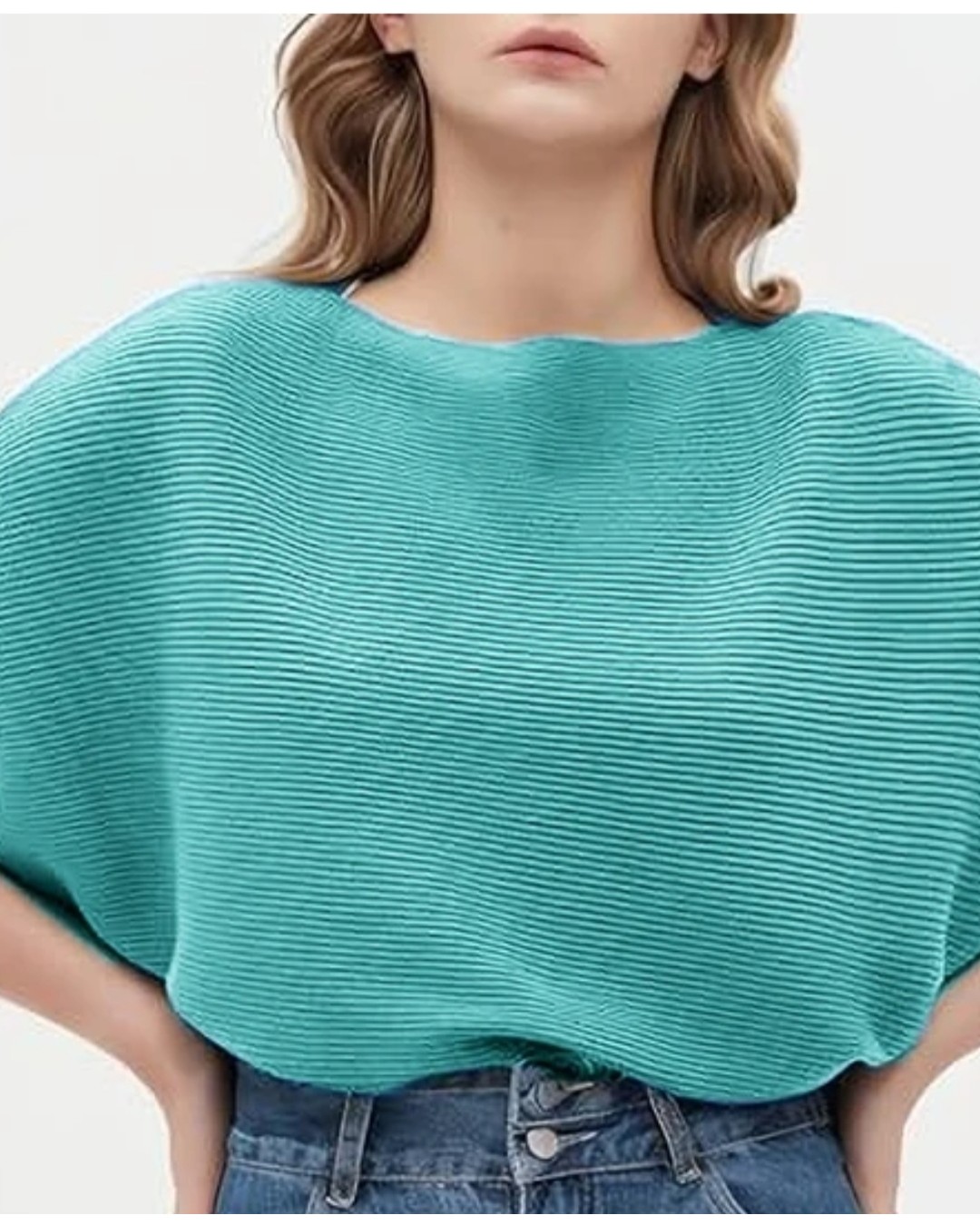 Women’s Teal Ribbed Knit Batwing Sleeve Top(Pack of 1)