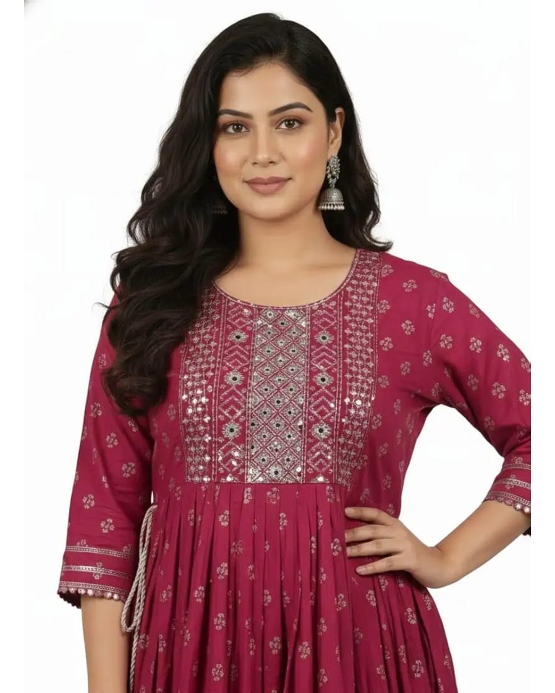 Women's Maroon Anarkali Kurta, Embroidered Yoke, 3/4 Sleeves, Floral Print, Ankle Length, Ethnic Wear (Pack of 1)