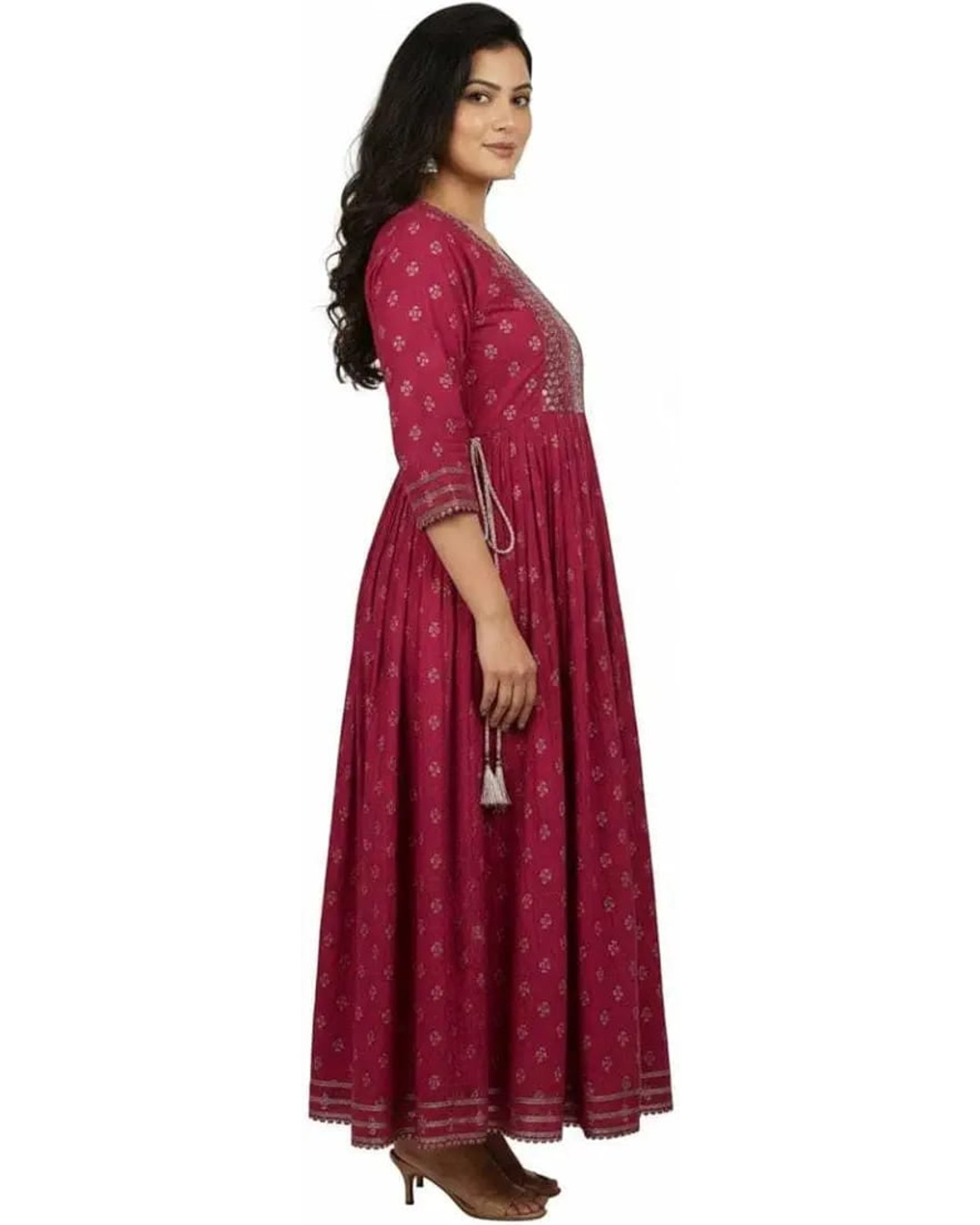 Women's Maroon Anarkali Kurta, Embroidered Yoke, 3/4 Sleeves, Floral Print, Ankle Length, Ethnic Wear (Pack of 1)