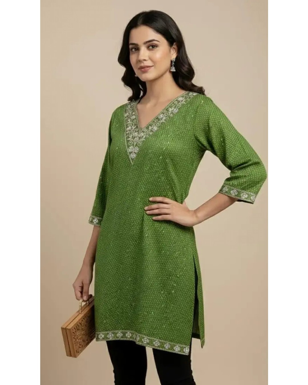 Women's Cotton Embroidered Kurta, Navy Blue, V-Neck, 3/4 Sleeves, Knee Length, Ethnic Straight Kurta (pack of 1 )