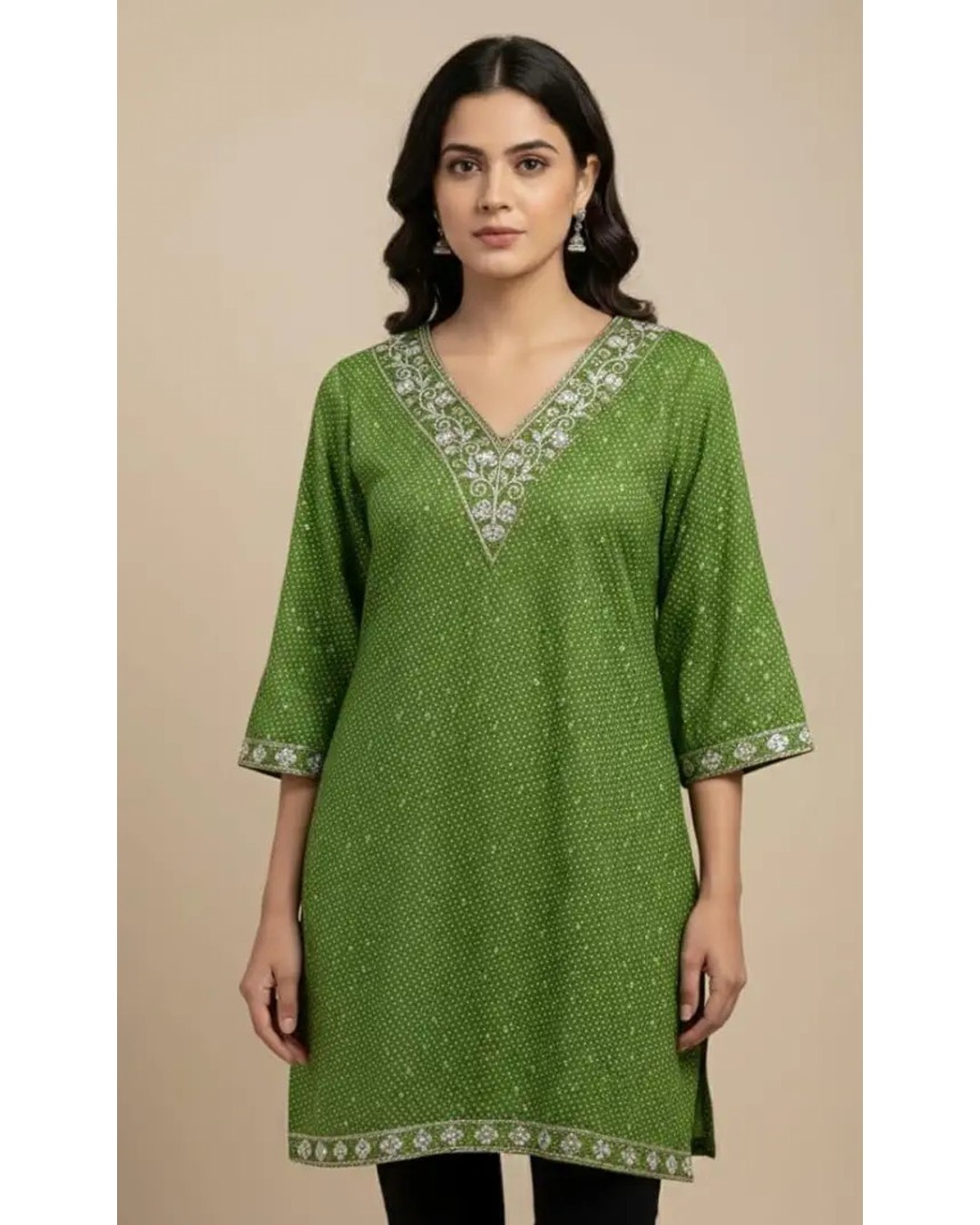 Women's Cotton Embroidered Kurta, Navy Blue, V-Neck, 3/4 Sleeves, Knee Length, Ethnic Straight Kurta (pack of 1 )