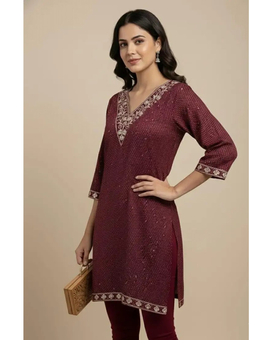 Women's Cotton Embroidered Kurta, Navy Blue, V-Neck, 3/4 Sleeves, Knee Length, Ethnic Straight Kurta (pack of 1 )