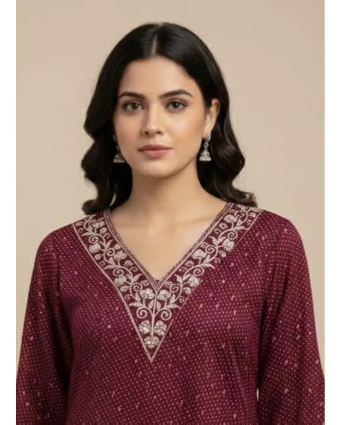 Women's Cotton Embroidered Kurta, Navy Blue, V-Neck, 3/4 Sleeves, Knee Length, Ethnic Straight Kurta (pack of 1 )