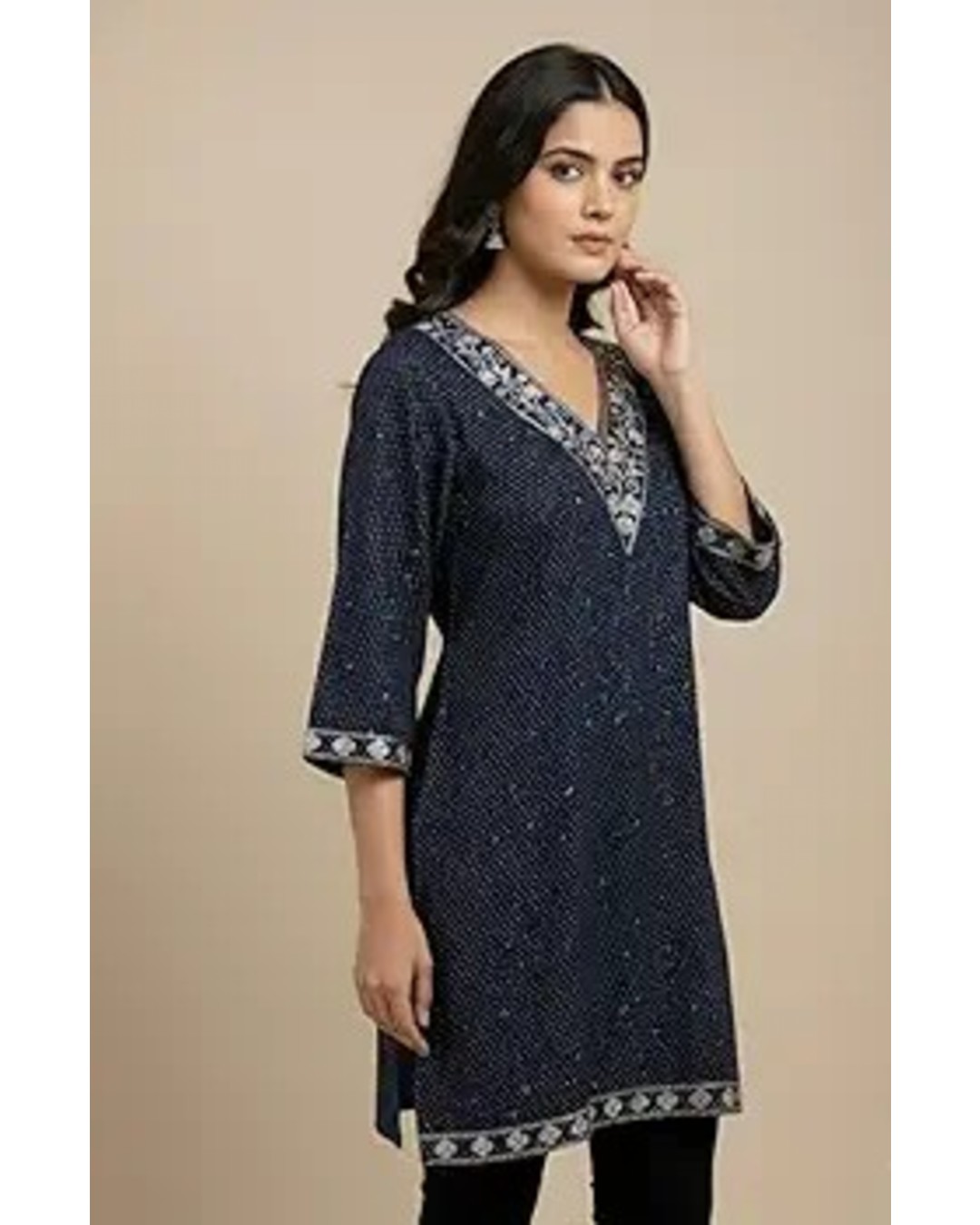 Women's Cotton Embroidered Kurta, Navy Blue, V-Neck, 3/4 Sleeves, Knee Length, Ethnic Straight Kurta (pack of 1 )
