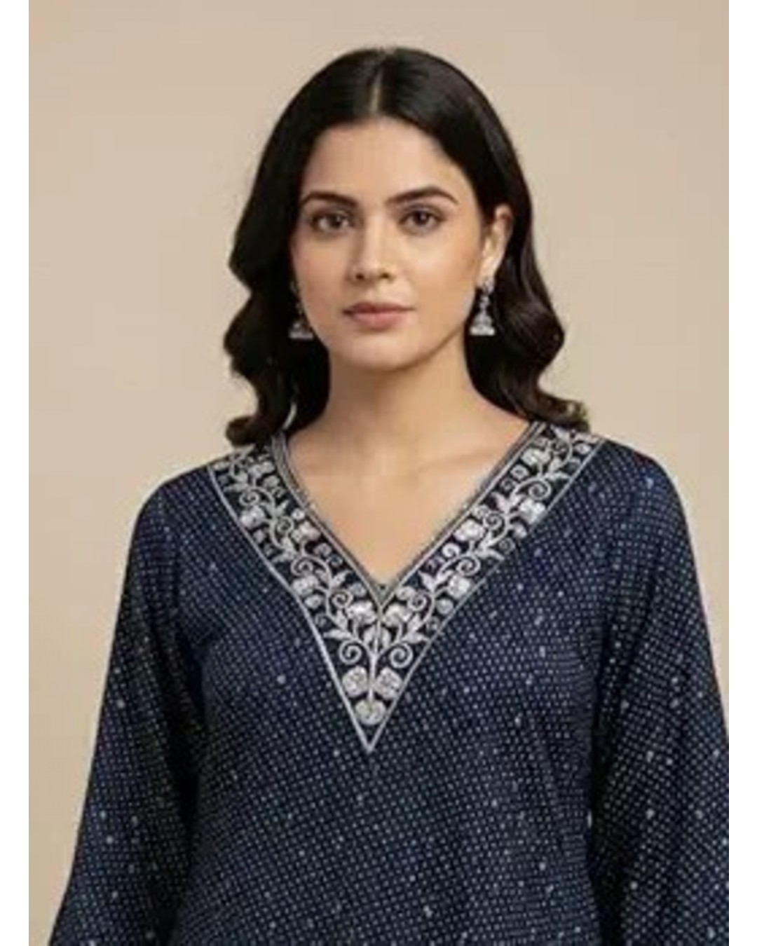 Women's Cotton Embroidered Kurta, Navy Blue, V-Neck, 3/4 Sleeves, Knee Length, Ethnic Straight Kurta (pack of 1 )