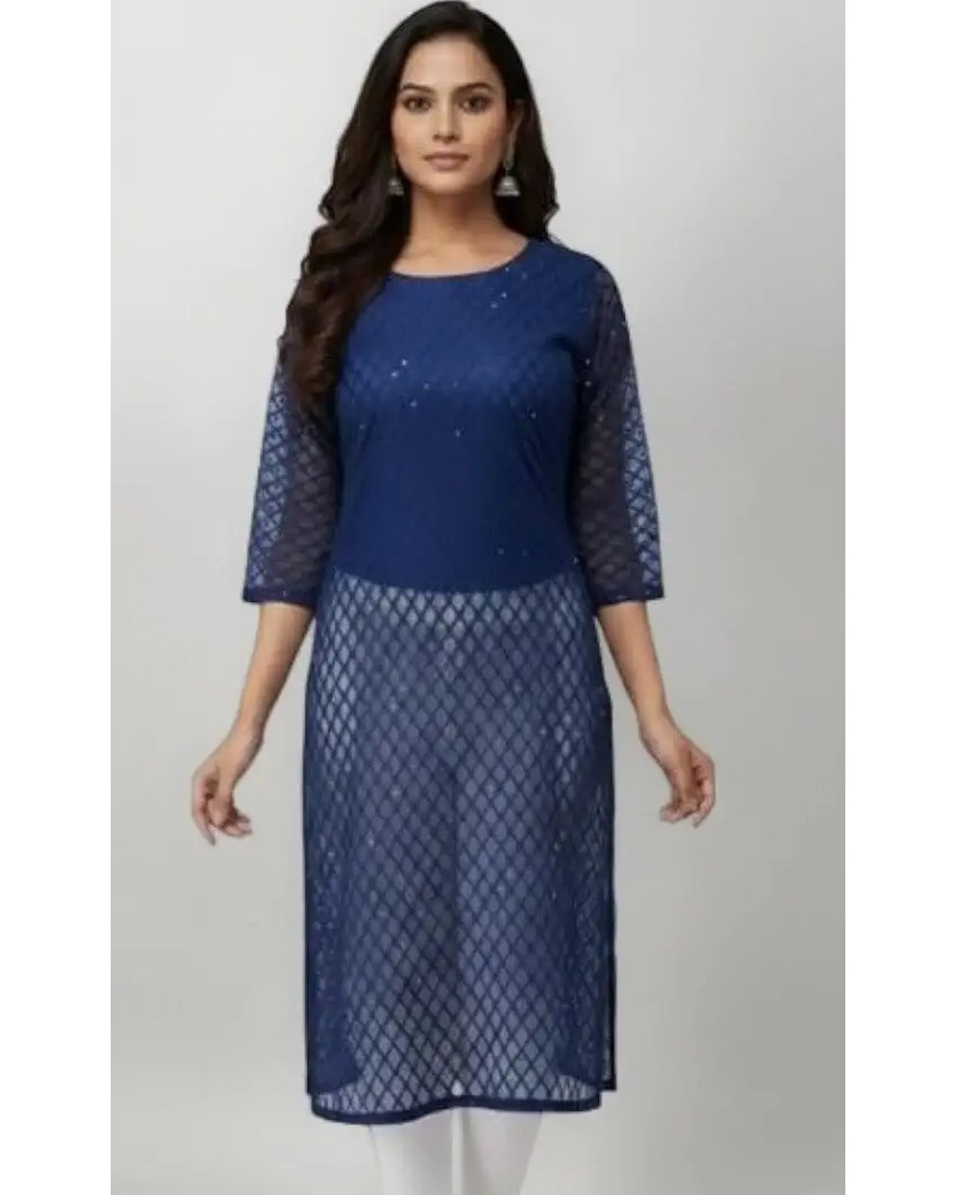 Women's Blue Sequin Embellished Kurta, Diamond Pattern, 3/4 Sleeves, Ethnic Wear (Pack of 1)