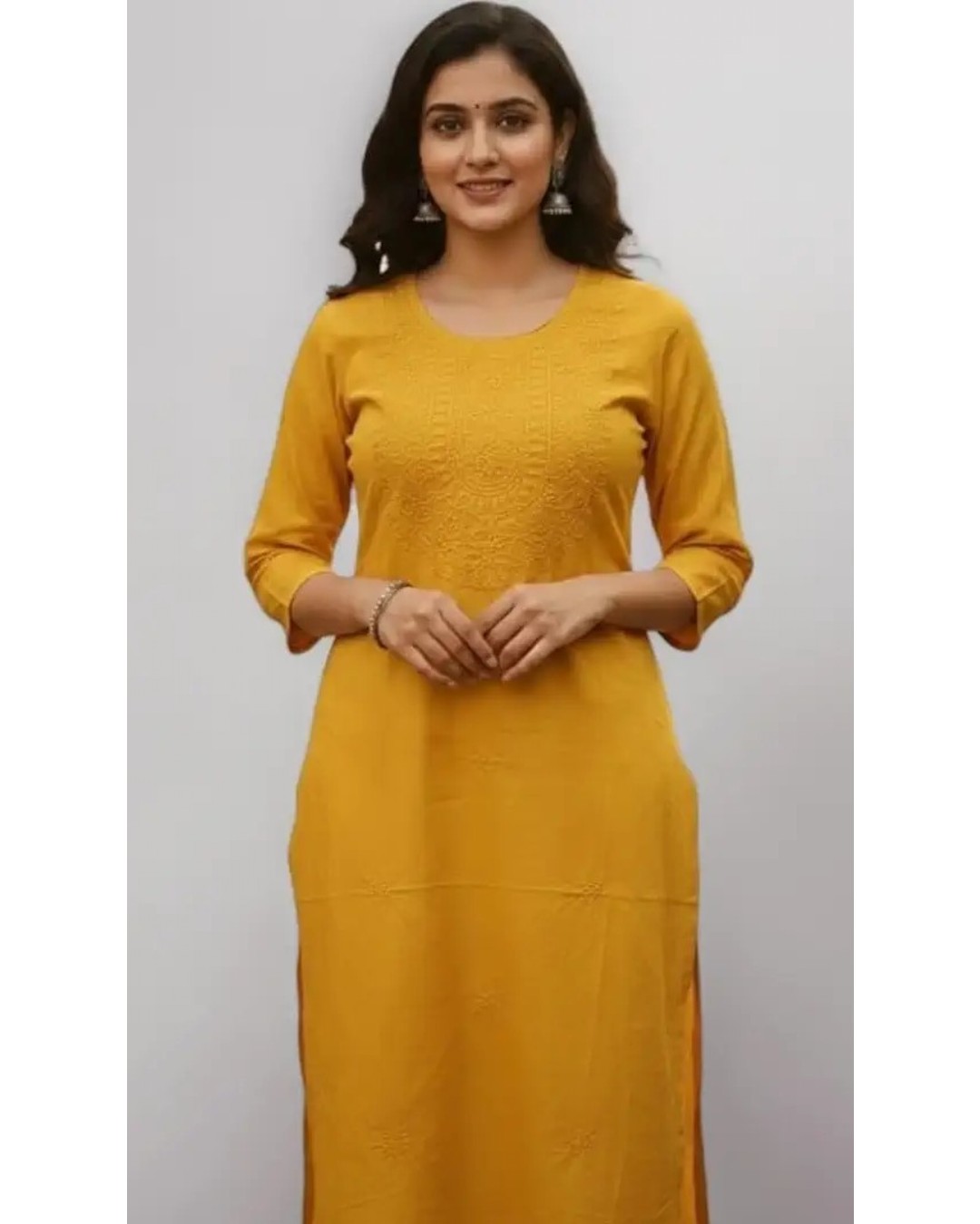 Women's Mustard Yellow Kurta, Round Neck, 3/4 Sleeves, Embroidered, Straight Fit (Pack of 1)