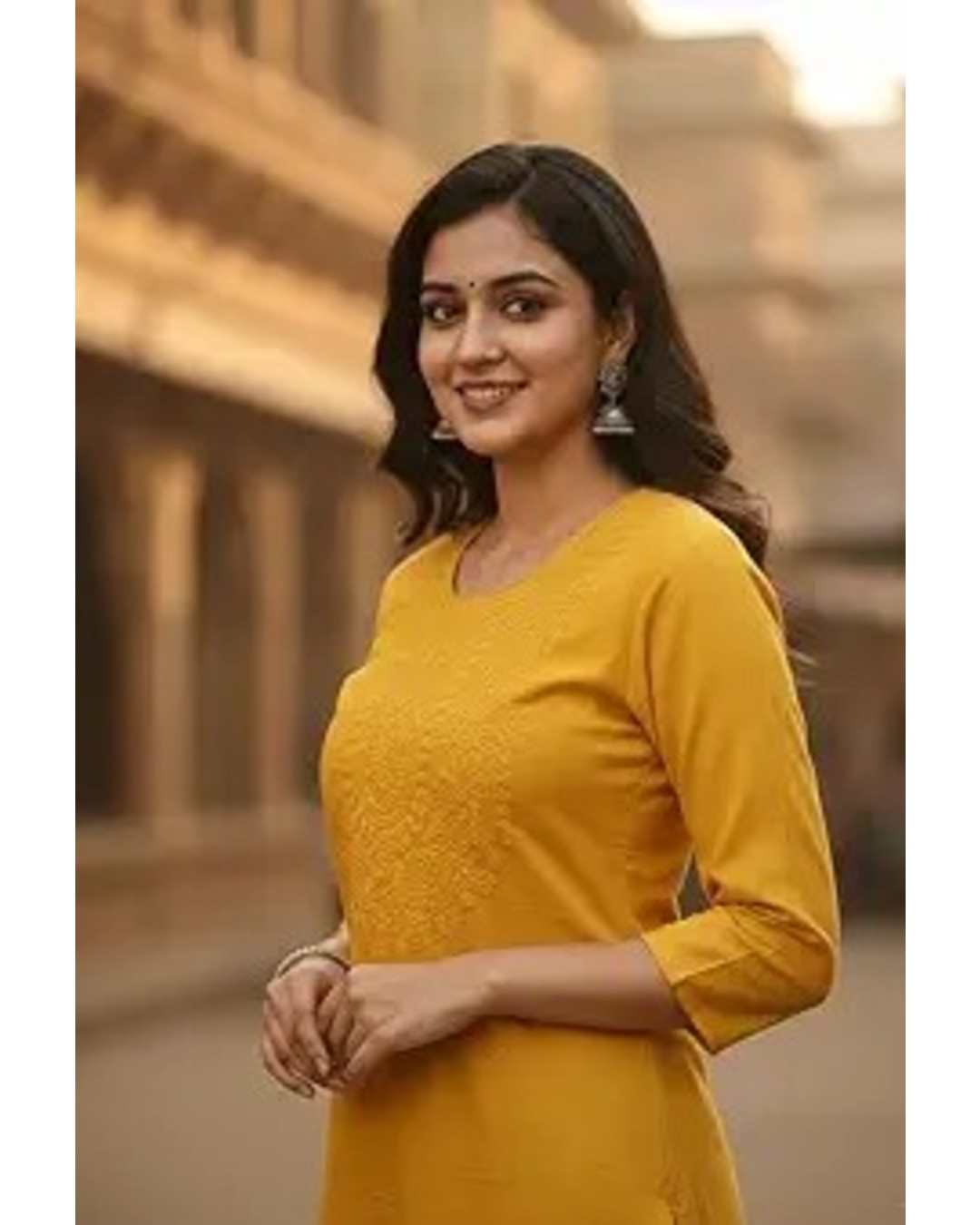 Women's Mustard Yellow Kurta, Round Neck, 3/4 Sleeves, Embroidered, Straight Fit (Pack of 1)