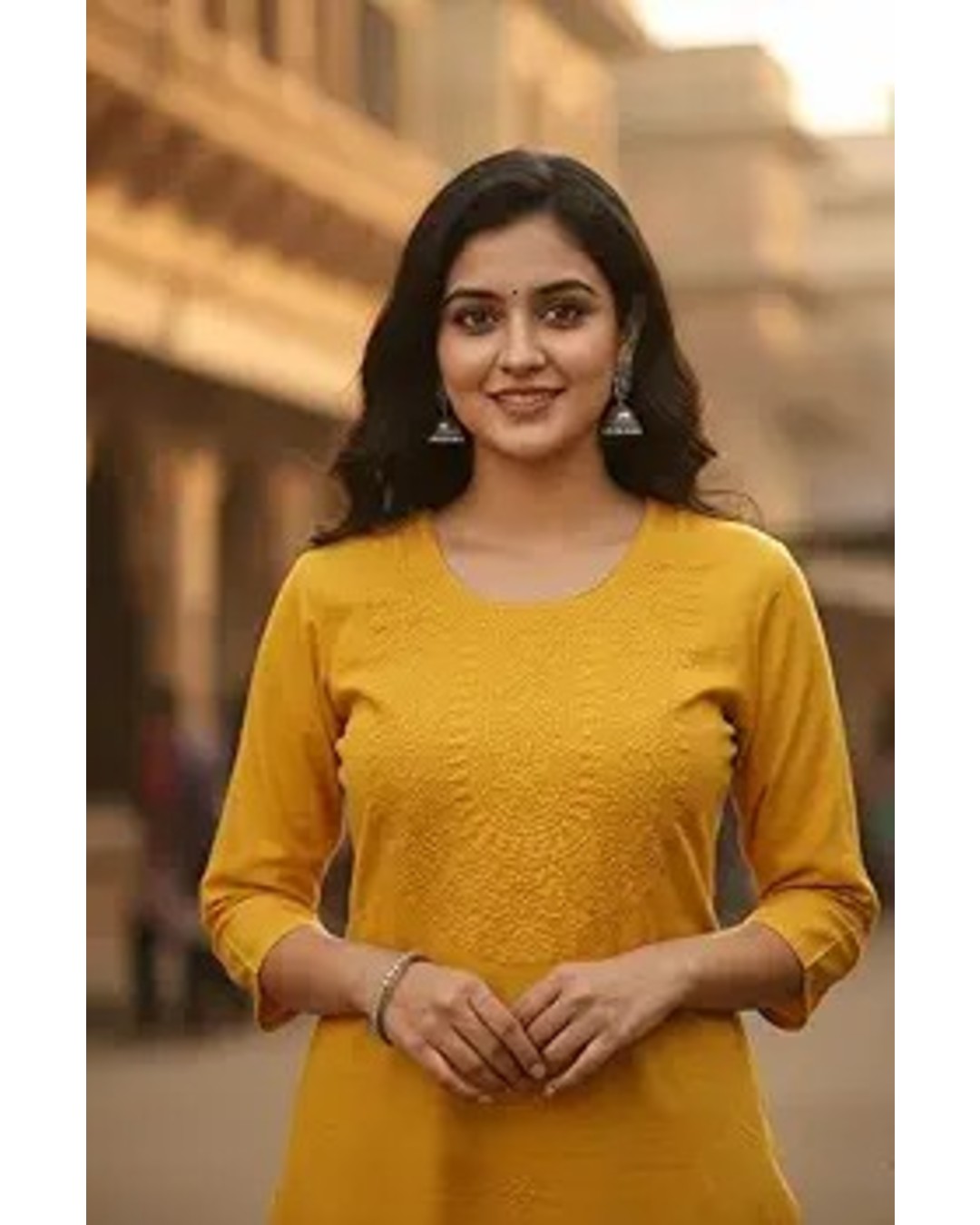 Women's Mustard Yellow Kurta, Round Neck, 3/4 Sleeves, Embroidered, Straight Fit (Pack of 1)