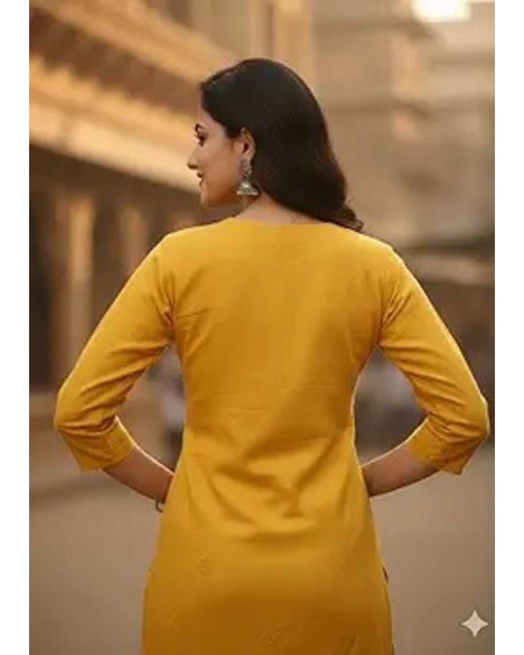 Women's Mustard Yellow Kurta, Round Neck, 3/4 Sleeves, Embroidered, Straight Fit (Pack of 1)