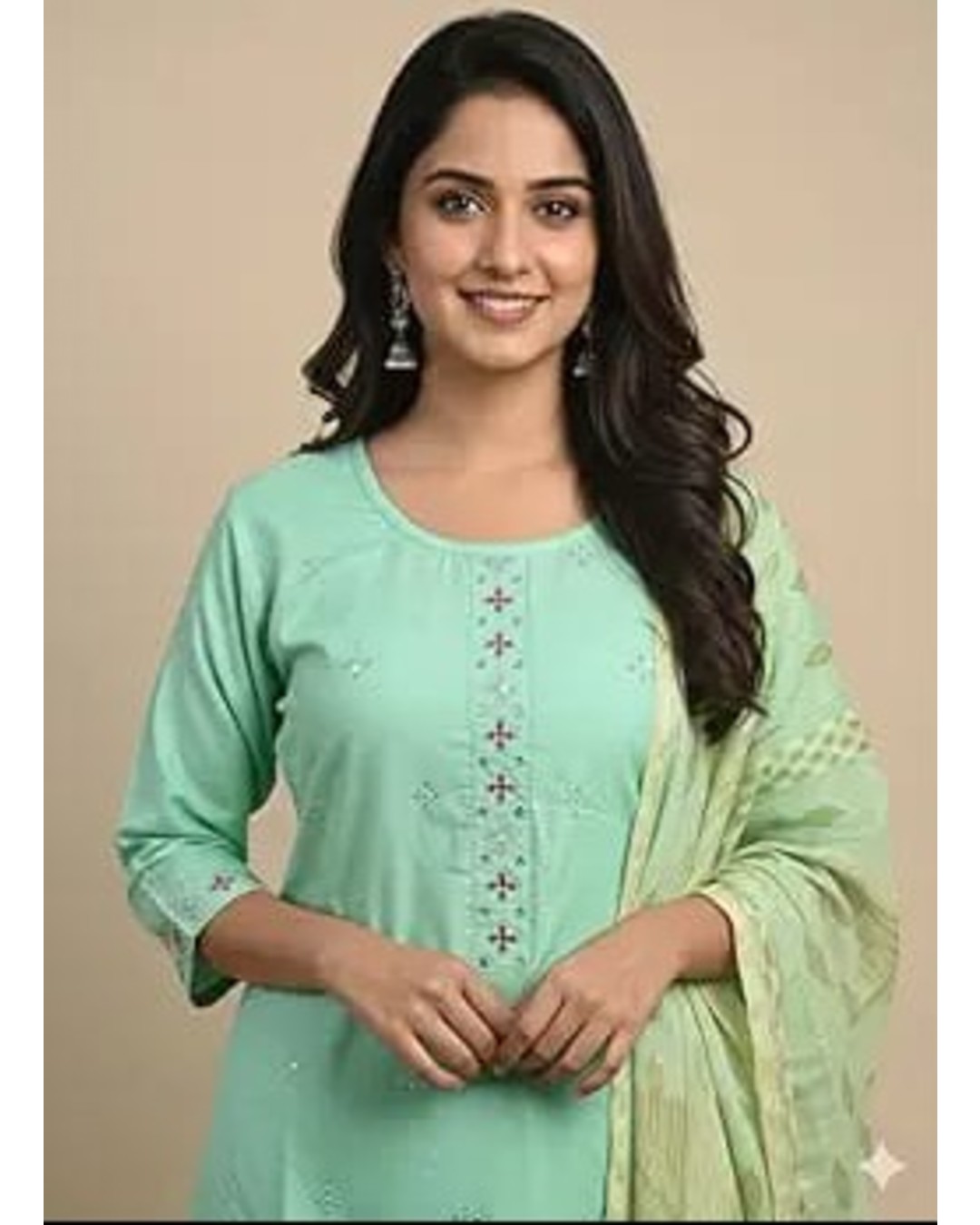 Women's Embroidered Salwar Suit Set, Mint Green, Cotton Blend, Floral Design, 3-Piece Kurta Palazzo Dupatta (pack of 1)