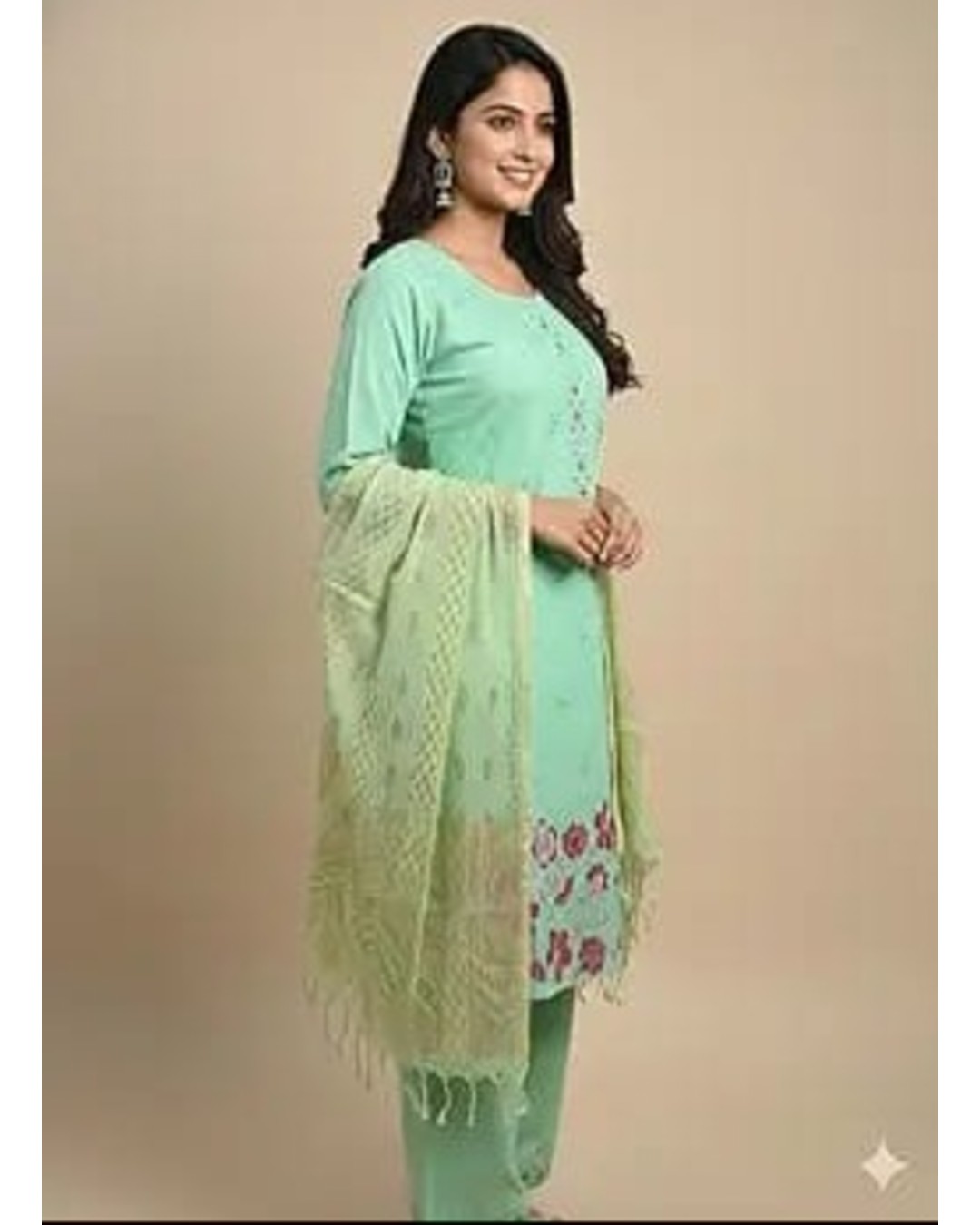 Women's Embroidered Salwar Suit Set, Mint Green, Cotton Blend, Floral Design, 3-Piece Kurta Palazzo Dupatta (pack of 1)