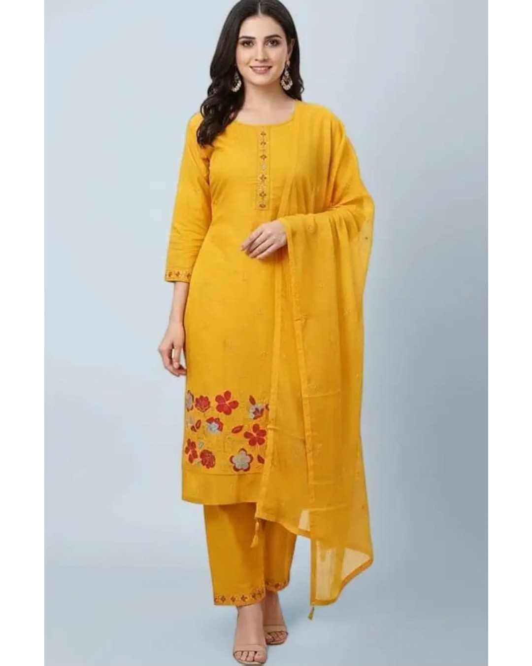 Women's Embroidered Salwar Suit Set, Mint Green, Cotton Blend, Floral Design, 3-Piece Kurta Palazzo Dupatta (pack of 1)