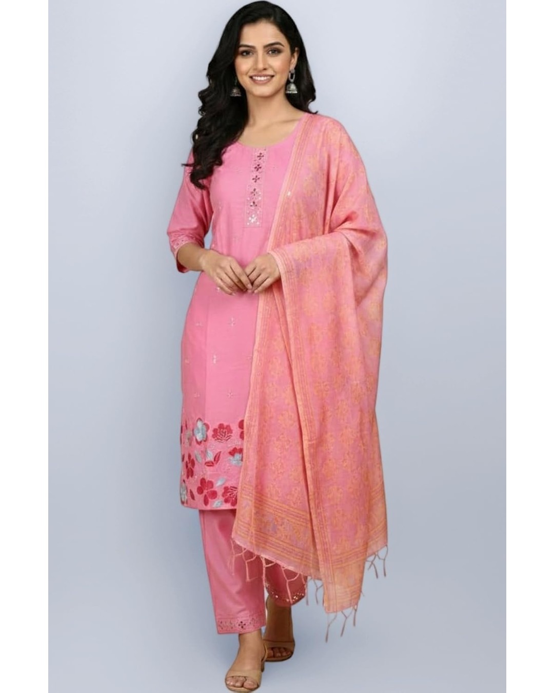 Pink Embroidered Salwar Suit Set with Dupatta, Floral Print, 3/4 Sleeves, Traditional Indian Ethnic Wear