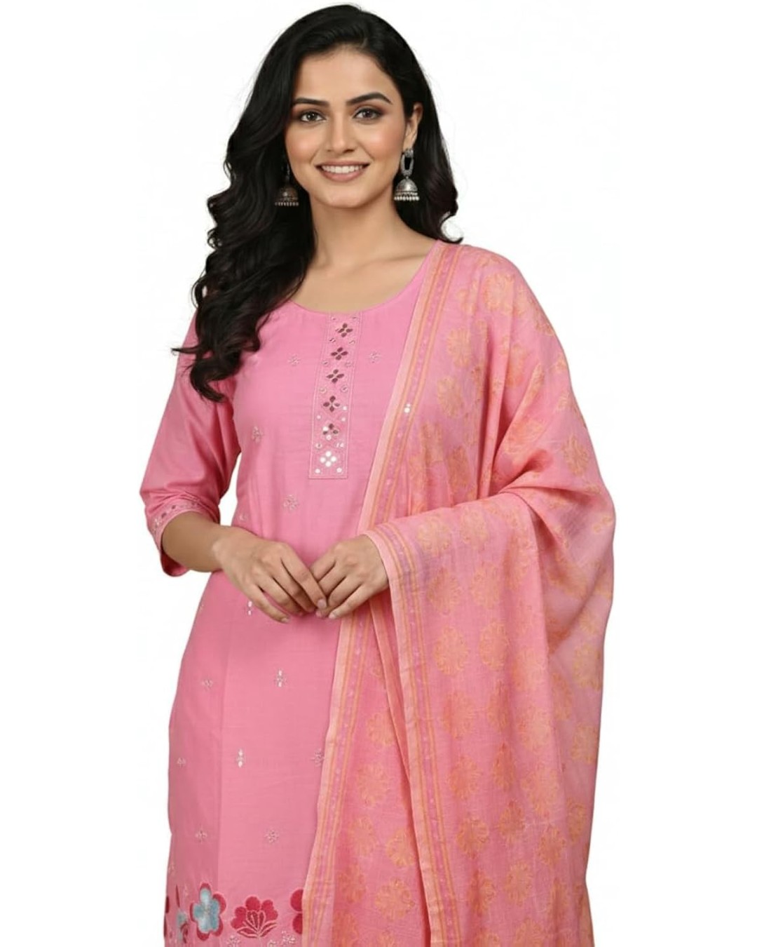 Pink Embroidered Salwar Suit Set with Dupatta, Floral Print, 3/4 Sleeves, Traditional Indian Ethnic Wear