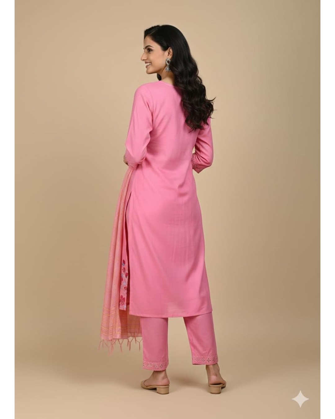 Pink Embroidered Salwar Suit Set with Dupatta, Floral Print, 3/4 Sleeves, Traditional Indian Ethnic Wear