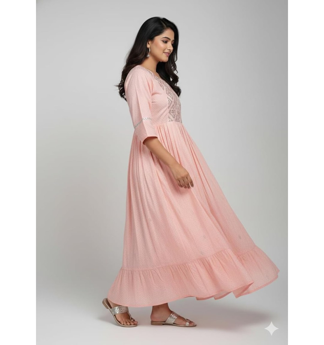Women's Anarkali Maxi Dress, Pink, Embroidered Yoke, 3/4 Sleeves, Flared Silhouette (pack of 1)