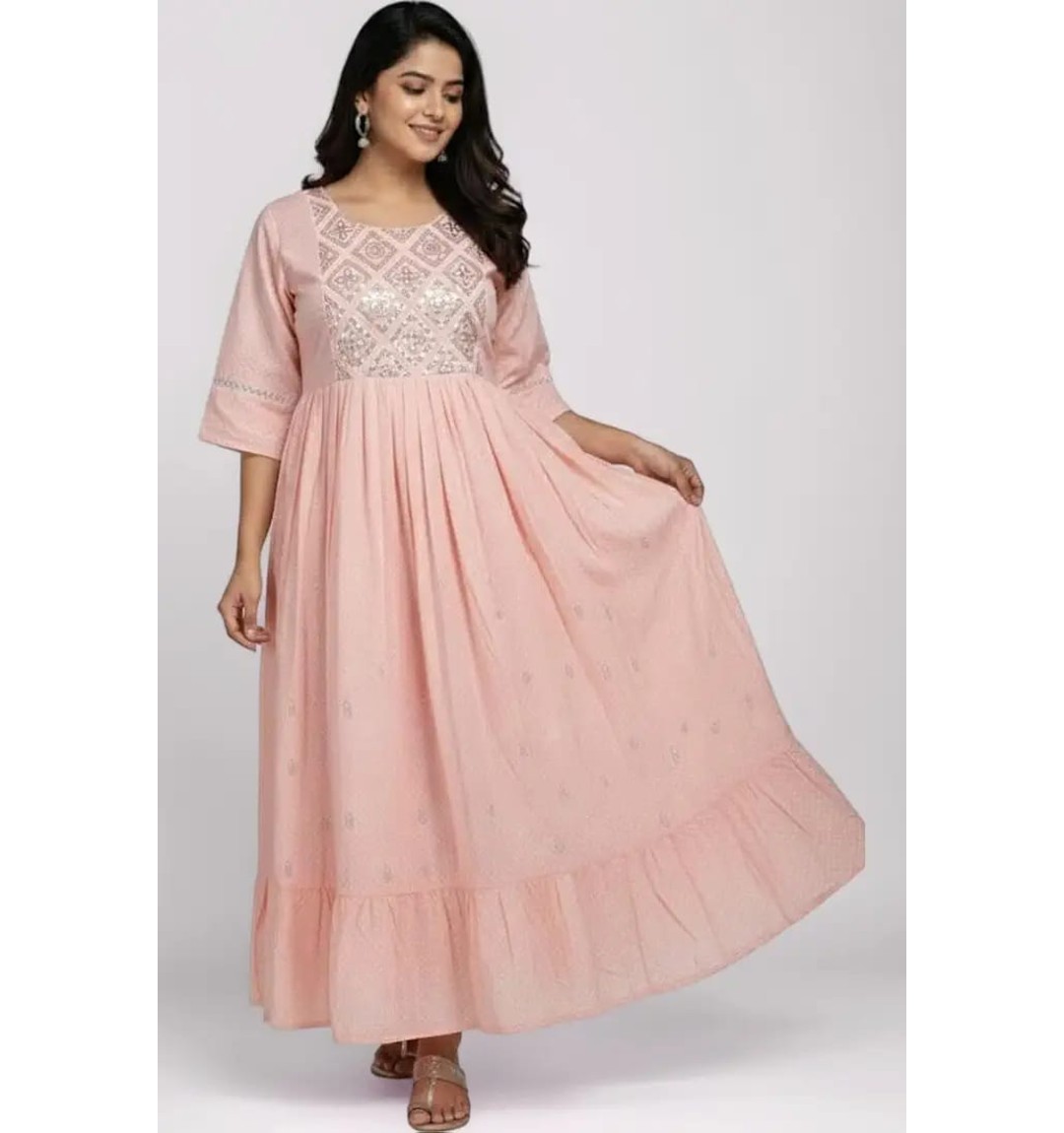 Women's Anarkali Maxi Dress, Pink, Embroidered Yoke, 3/4 Sleeves, Flared Silhouette (pack of 1)