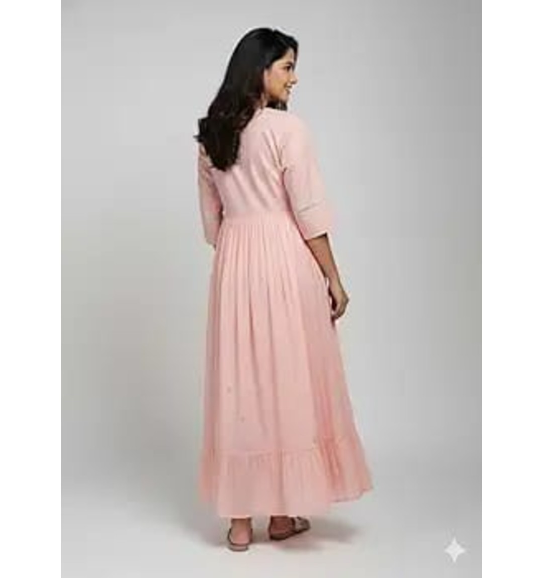 Women's Anarkali Maxi Dress, Pink, Embroidered Yoke, 3/4 Sleeves, Flared Silhouette (pack of 1)
