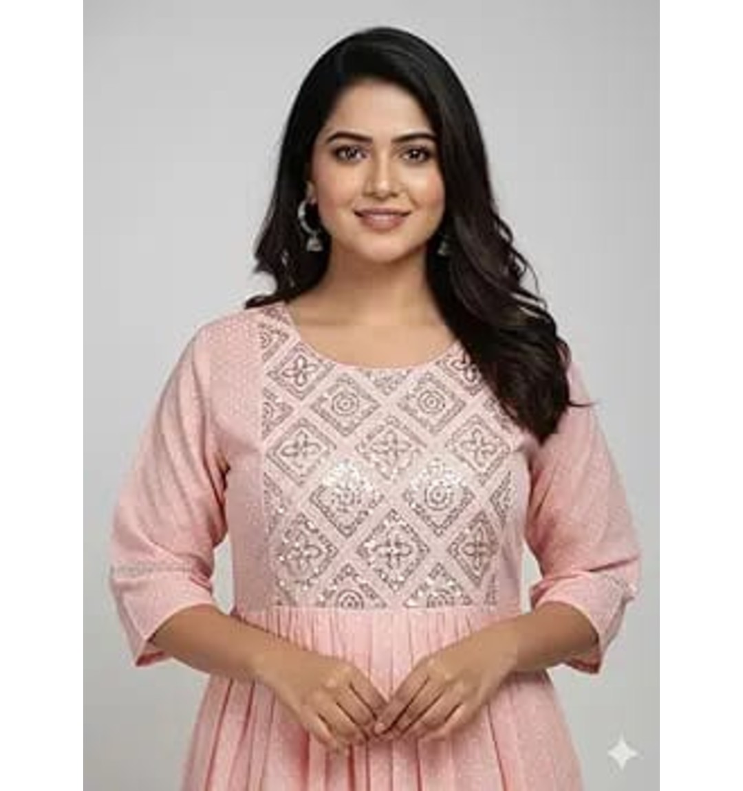 Women's Anarkali Maxi Dress, Pink, Embroidered Yoke, 3/4 Sleeves, Flared Silhouette (pack of 1)