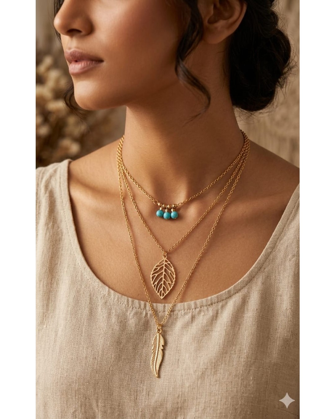 Boho Leaf & Feather Gold Layered Necklace with Turquoise Charm (Pack of 1)