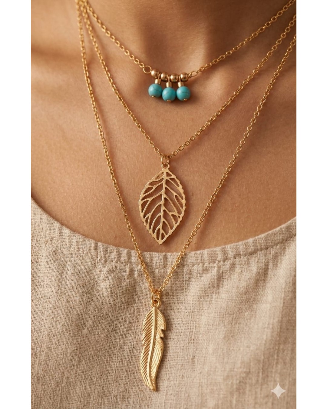 Boho Leaf & Feather Gold Layered Necklace with Turquoise Charm (Pack of 1)