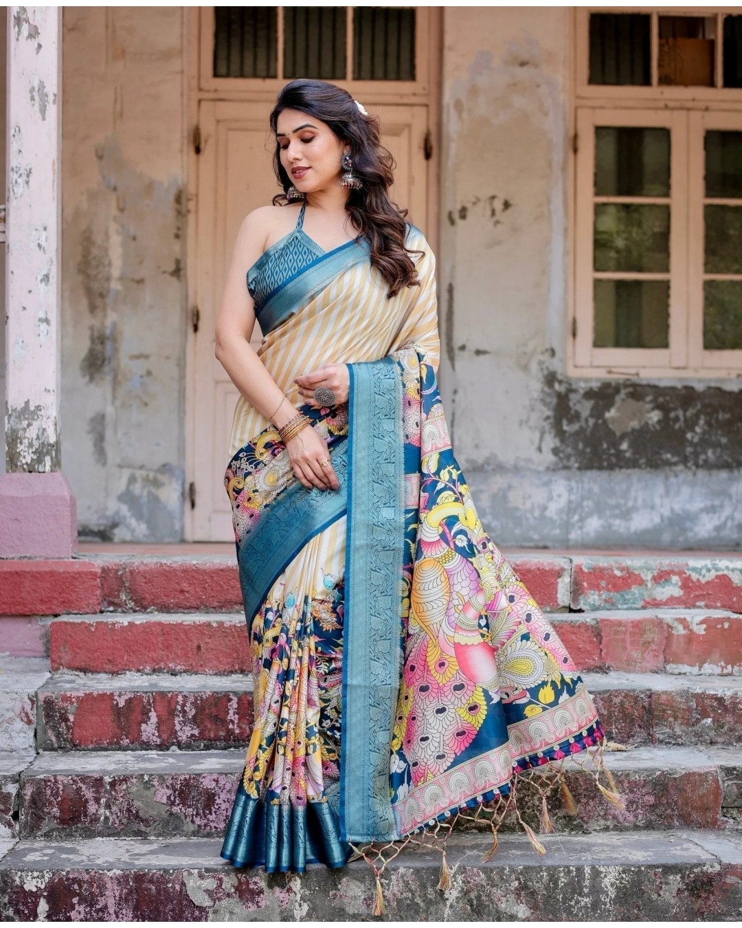 Women's Tussar Silk Saree with Intricated Kalamkari and Zari Border with Unstitched BP (Pack of 1)