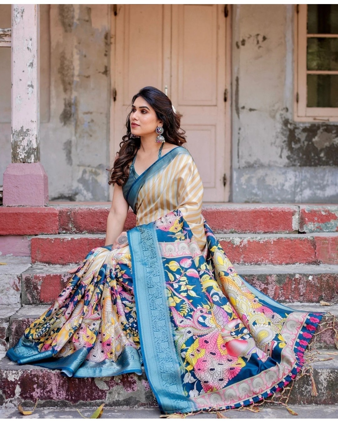 Women's Tussar Silk Saree with Intricated Kalamkari and Zari Border with Unstitched BP (Pack of 1)