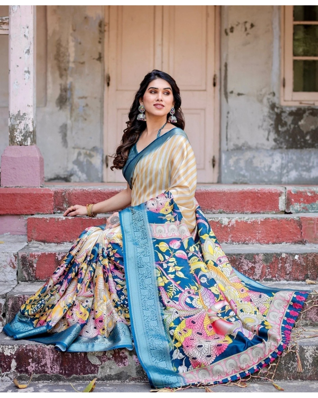 Women's Tussar Silk Saree with Intricated Kalamkari and Zari Border with Unstitched BP (Pack of 1)