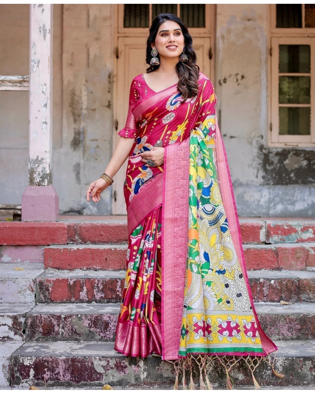 Magenta Tussar Silk Saree with Artistic Peacock & Floral Kalamkari Design (pack of 1)