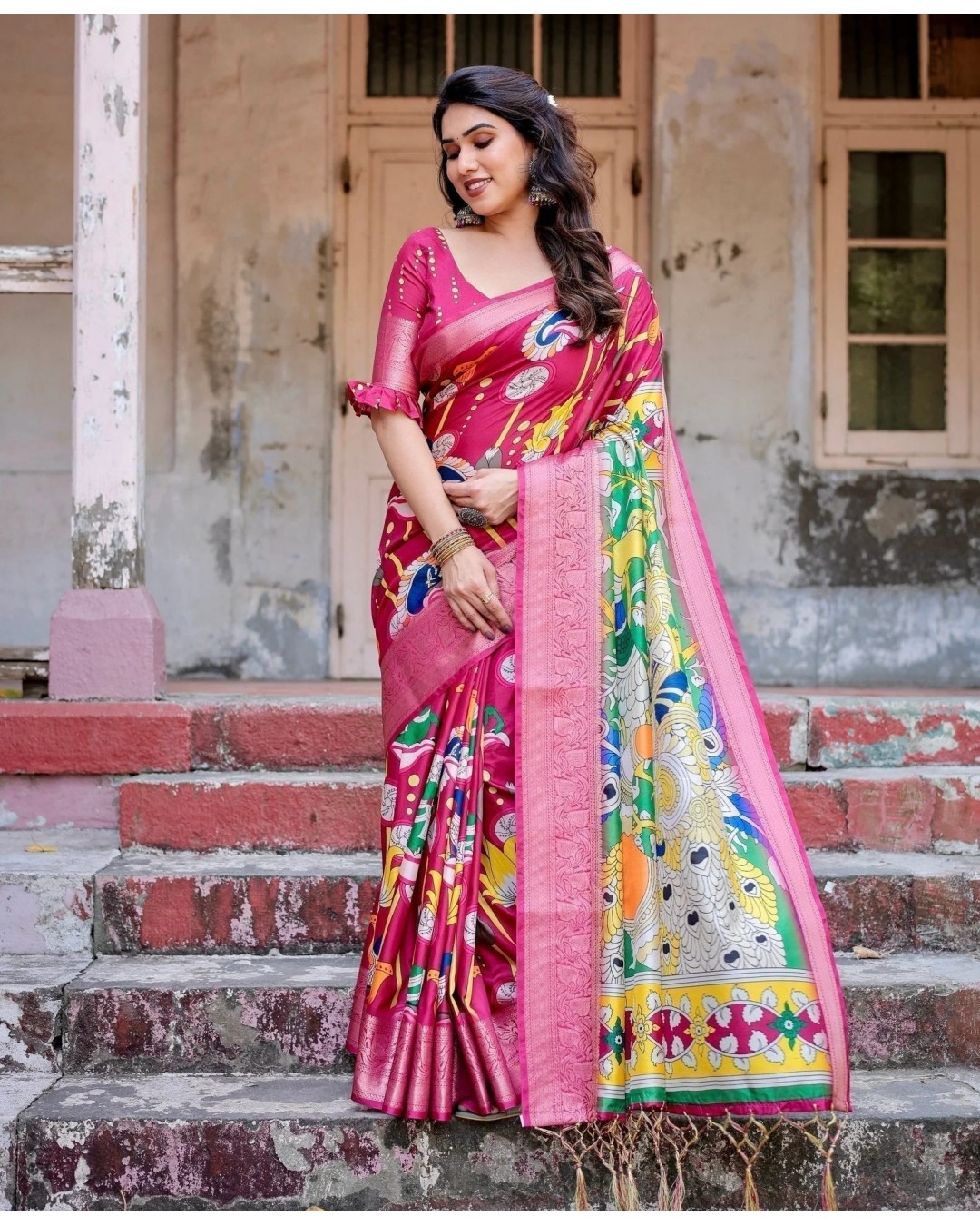 Magenta Tussar Silk Saree with Artistic Peacock & Floral Kalamkari Design (pack of 1)