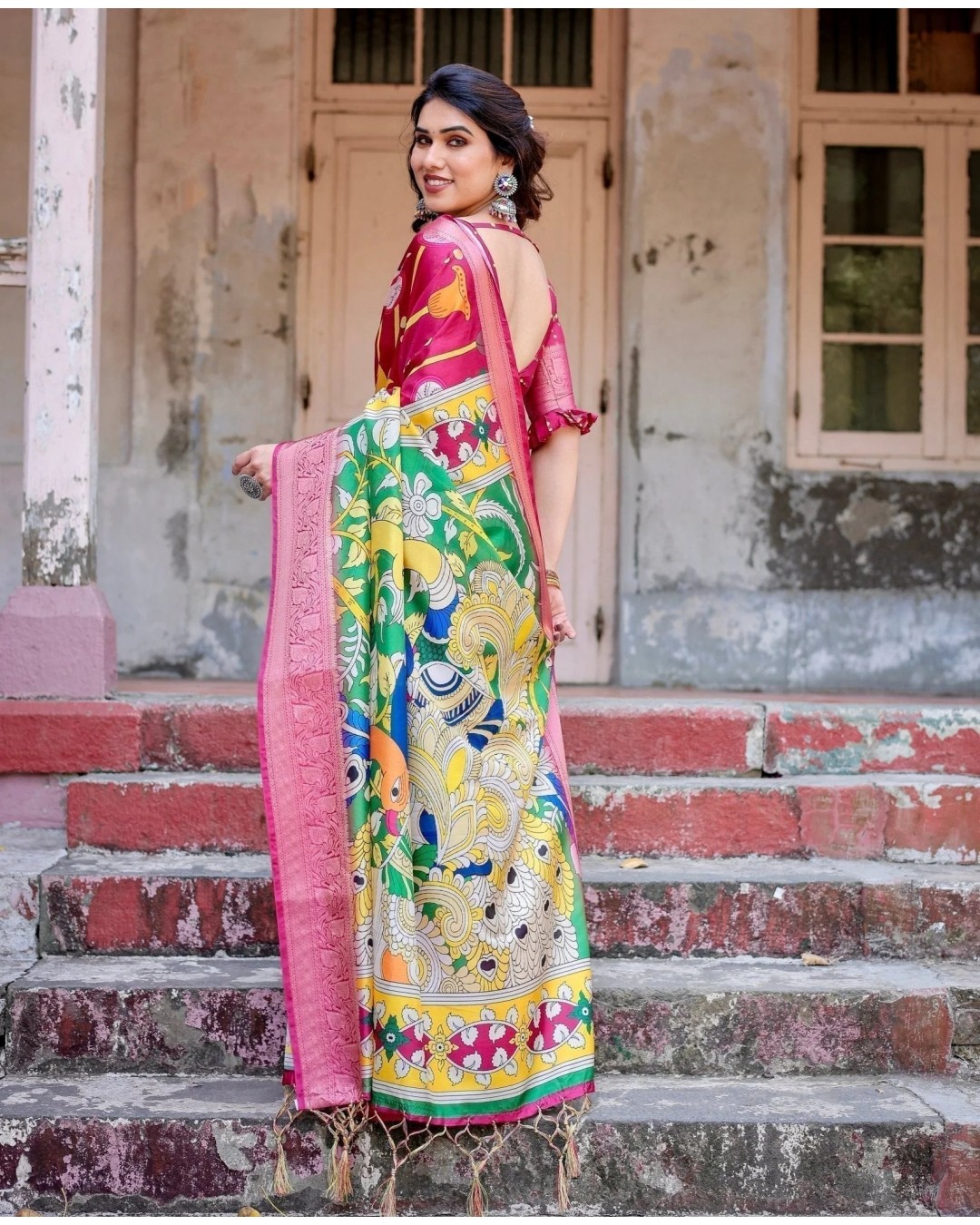 Magenta Tussar Silk Saree with Artistic Peacock & Floral Kalamkari Design (pack of 1)