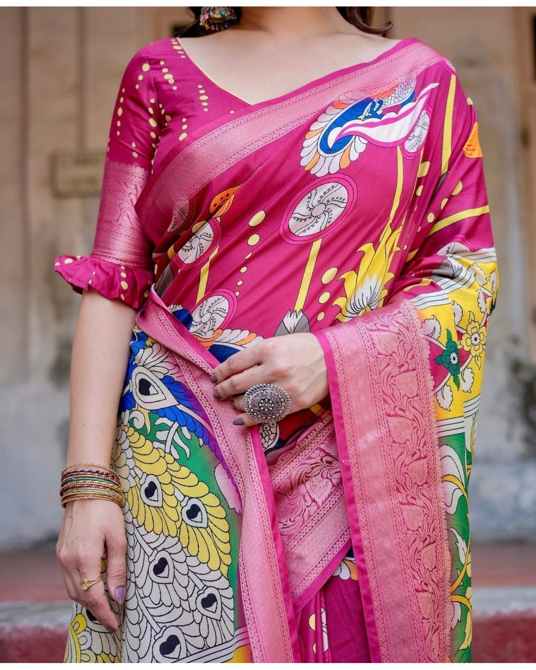 Magenta Tussar Silk Saree with Artistic Peacock & Floral Kalamkari Design (pack of 1)