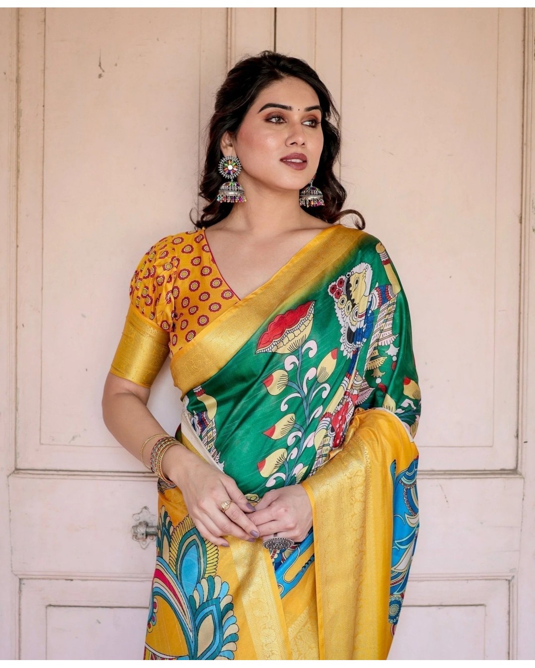 Golden Yellow Tussar Silk Saree with Vibrant Peacock Kalamkari Motifs (pack of 1)
