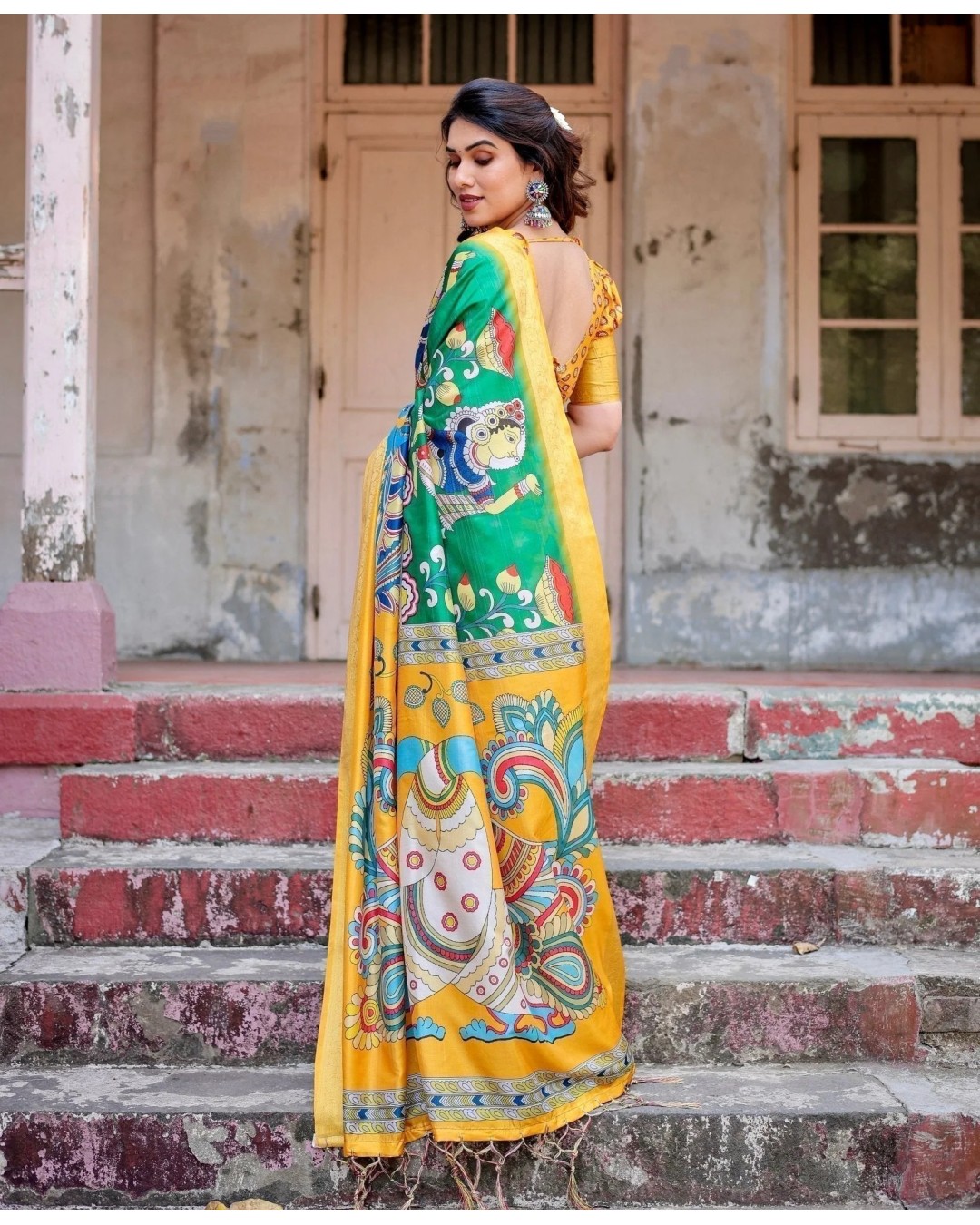 Golden Yellow Tussar Silk Saree with Vibrant Peacock Kalamkari Motifs (pack of 1)