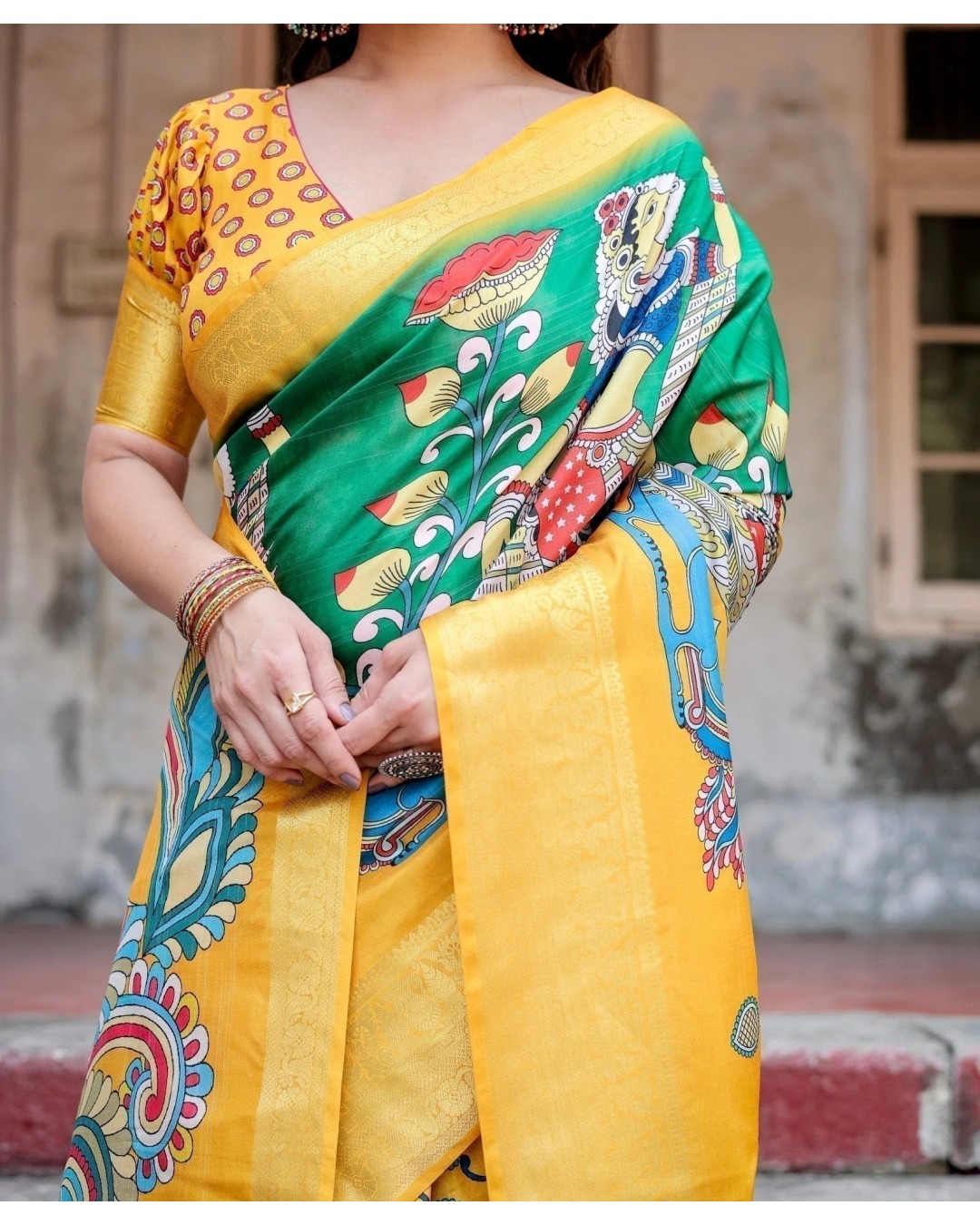 Golden Yellow Tussar Silk Saree with Vibrant Peacock Kalamkari Motifs (pack of 1)