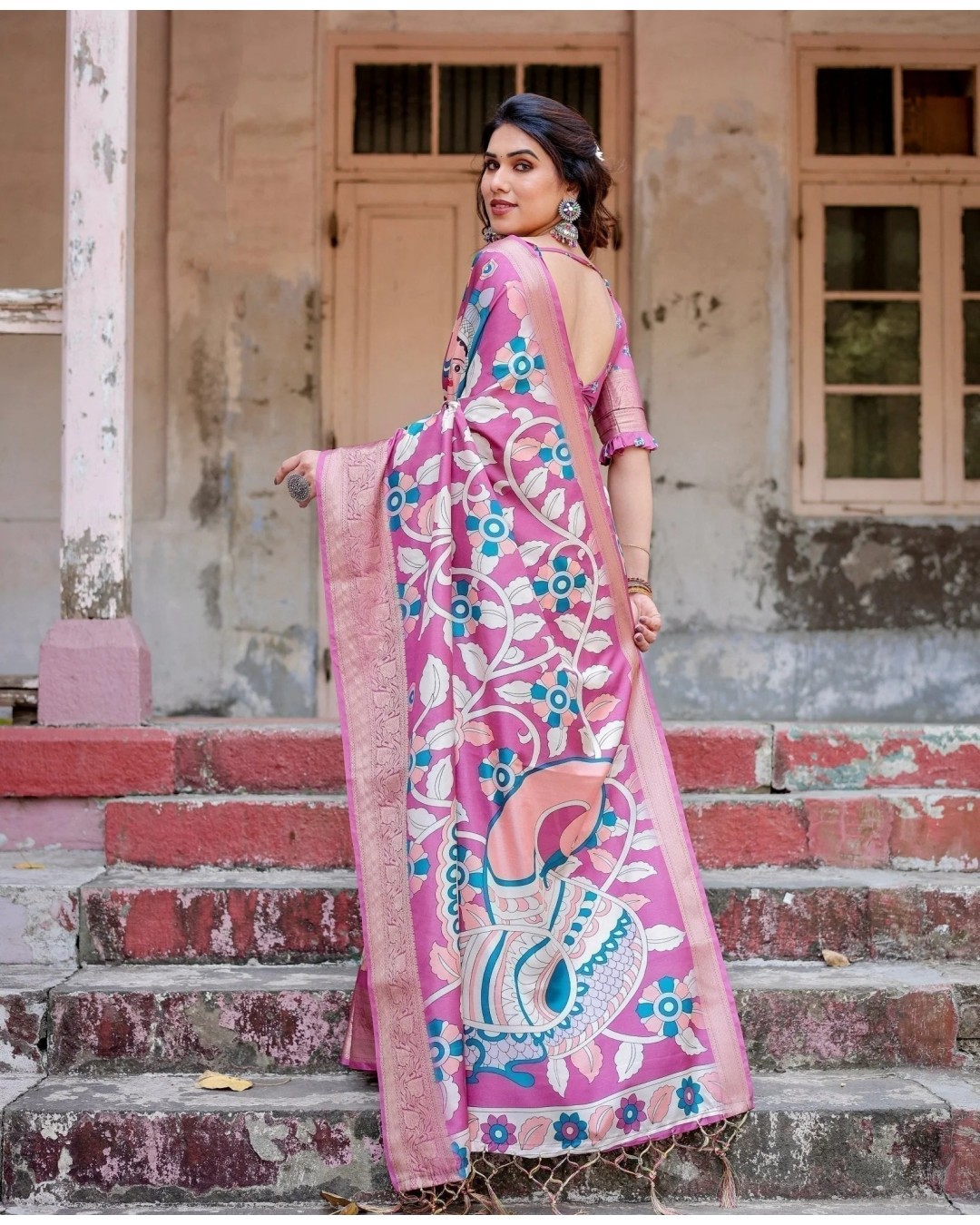 Blush Pink Tussar Silk Saree with Elegant Peacock and Floral Kalamkari Design (pack of 1)