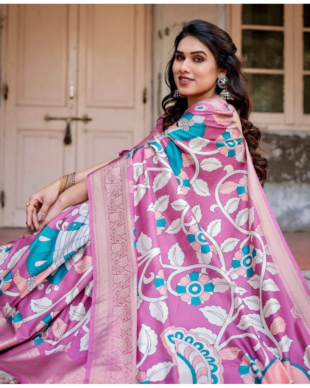 Blush Pink Tussar Silk Saree with Elegant Peacock and Floral Kalamkari Design (pack of 1)
