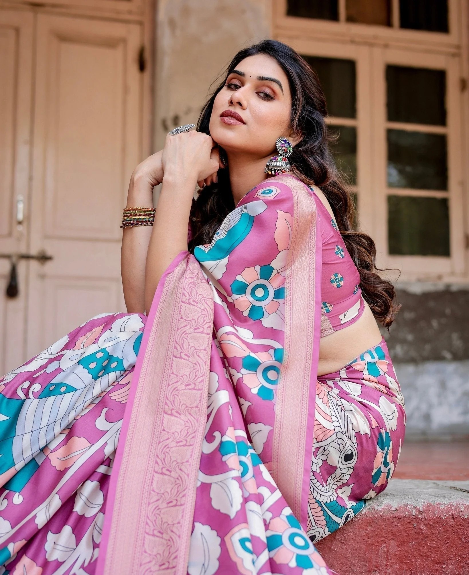 Blush Pink Tussar Silk Saree with Elegant Peacock and Floral Kalamkari Design (pack of 1)