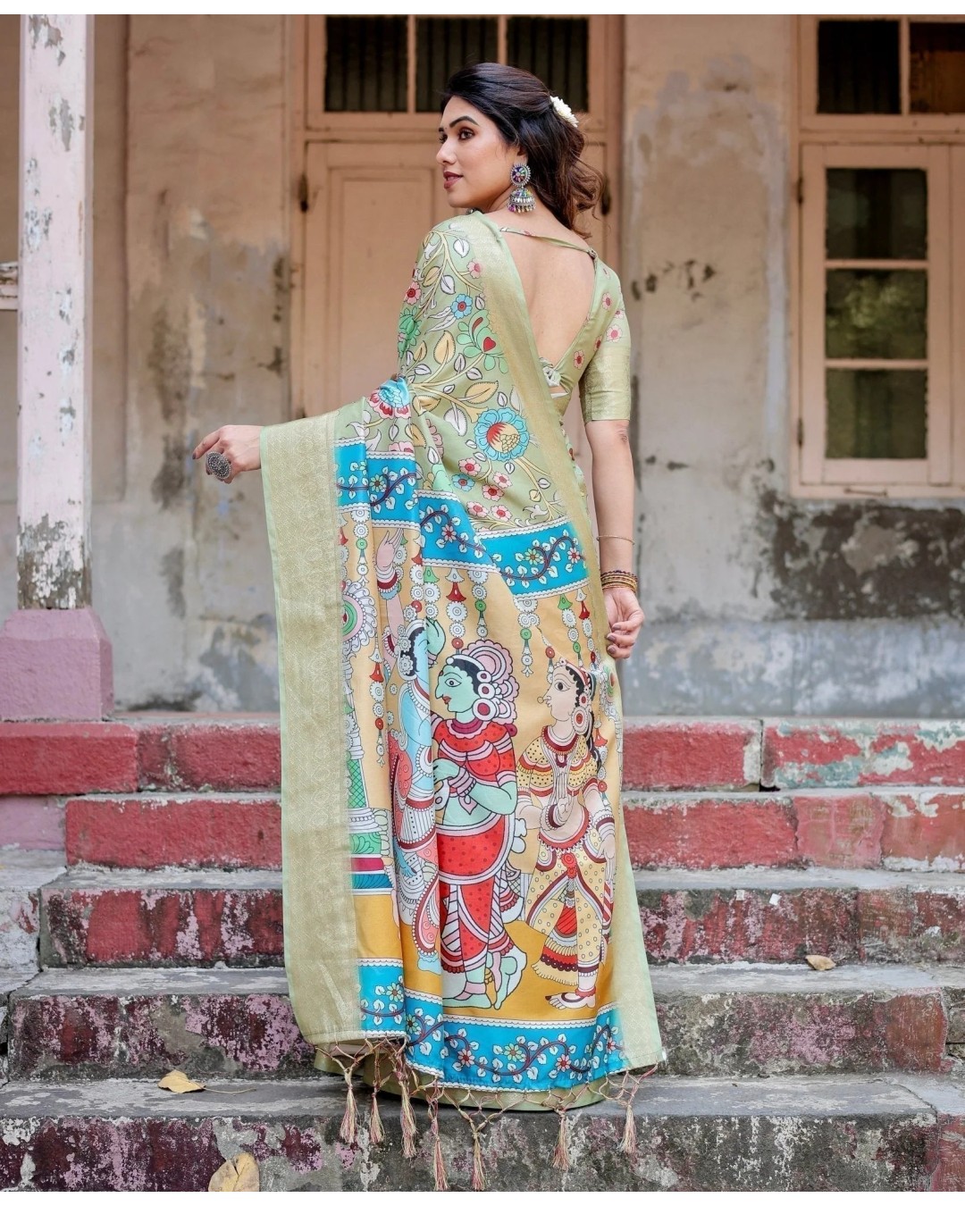 Pastel Green Tussar Silk Saree with Mythological Kalamkari Pallu and Zari Border (pack of 1)