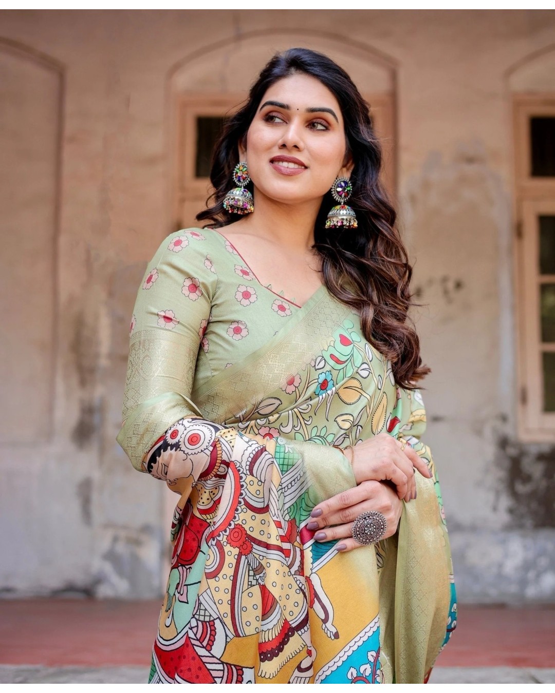 Pastel Green Tussar Silk Saree with Mythological Kalamkari Pallu and Zari Border (pack of 1)