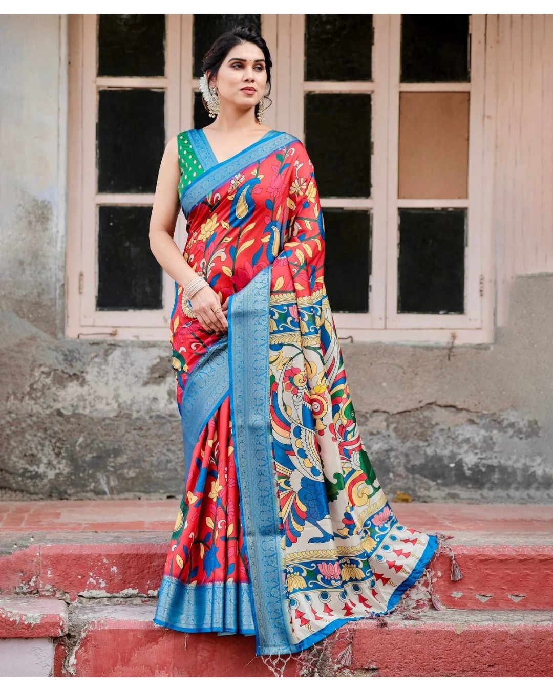 Beige and Red Tussar Silk Saree with Divine Motifs and Floral Zari Border (pack of 1)