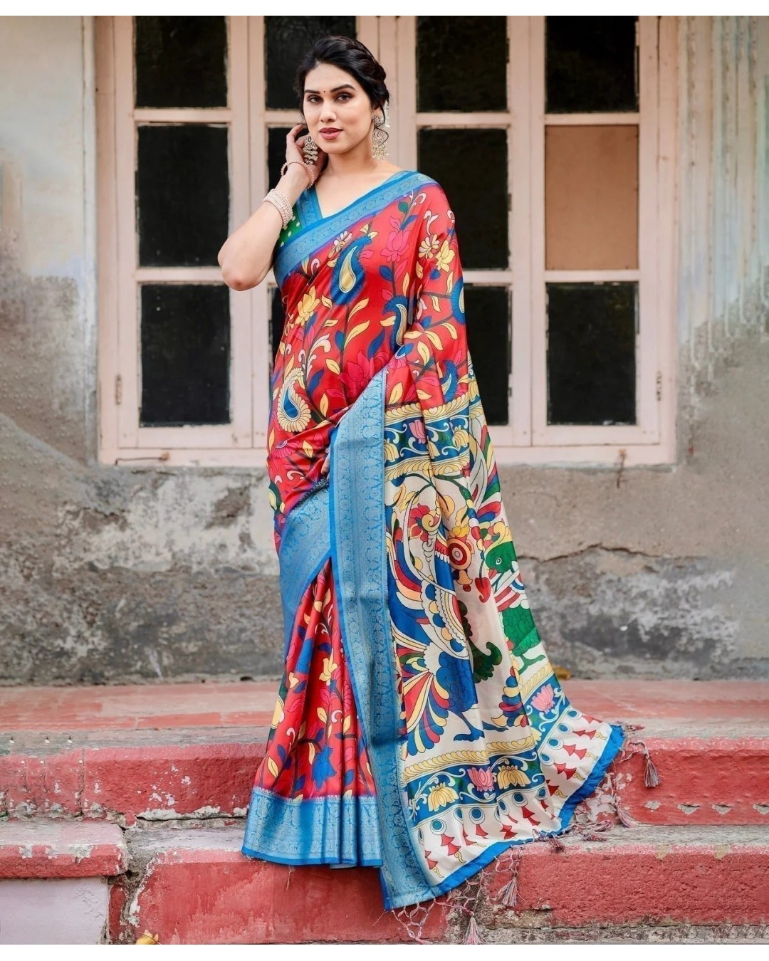 Beige and Red Tussar Silk Saree with Divine Motifs and Floral Zari Border (pack of 1)