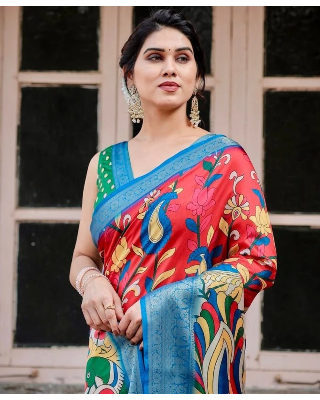 Beige and Red Tussar Silk Saree with Divine Motifs and Floral Zari Border (pack of 1)