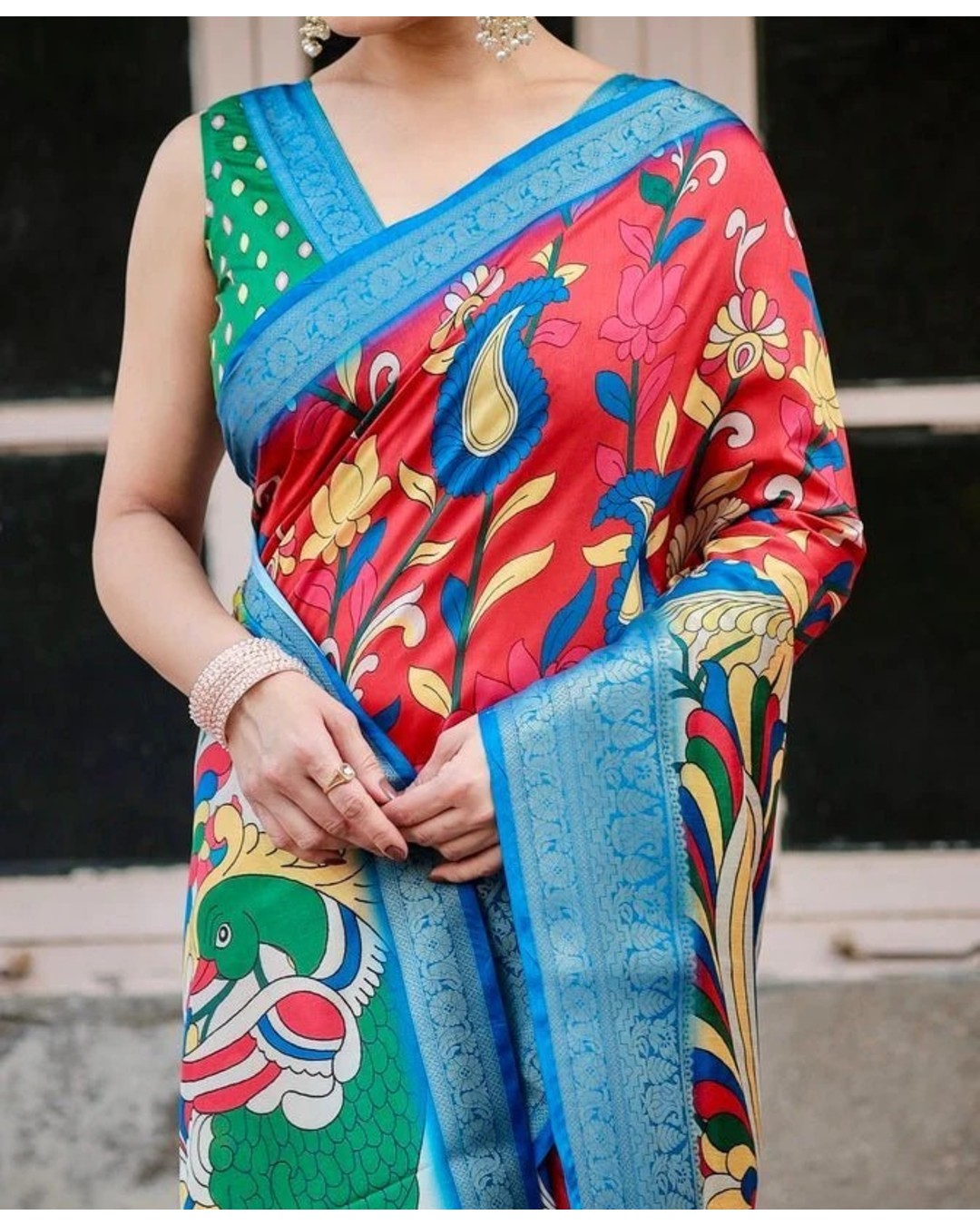 Beige and Red Tussar Silk Saree with Divine Motifs and Floral Zari Border (pack of 1)