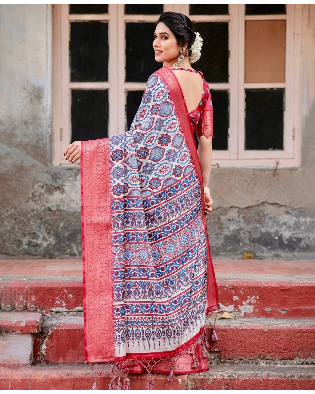 White and Red Tussar Silk Saree with Vibrant Floral Geometric Motifs and Ornamental Zari Border (pack of 1)