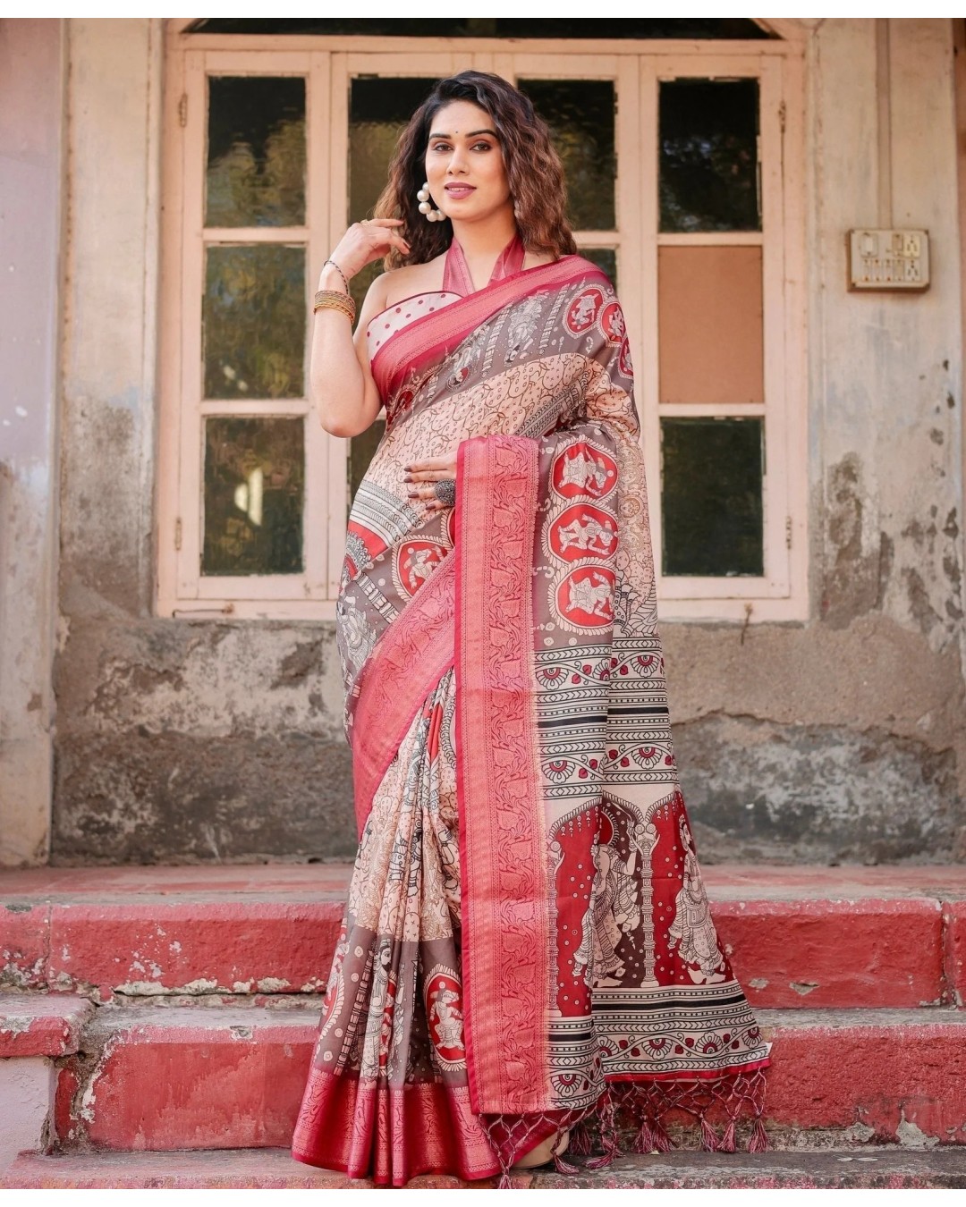 Beige and Red Tussar Silk Saree with Traditional Motifs and Ornamental Zari Border (pack of 1)